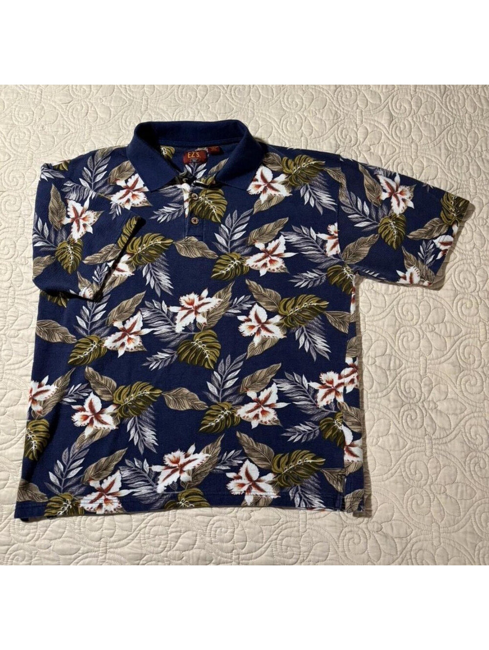 Haggar EZ's Men's M Y2K Blue Hawaiian Floral Knit Cotton Short Sleeve Polo